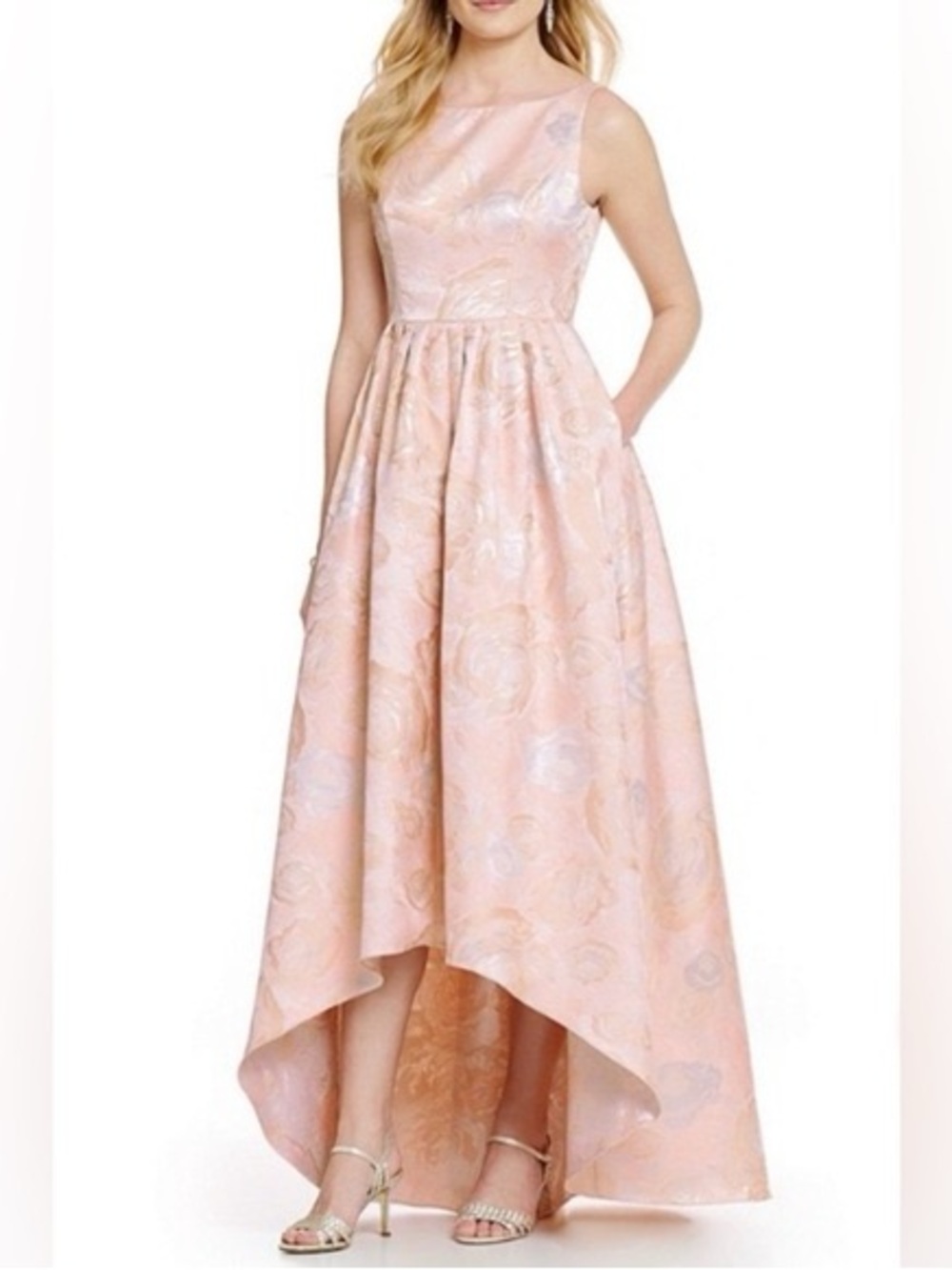 Adrianna Papell Hi Lo Formal Dress Jacquard Metallic Floral Blush Pink Silver 4